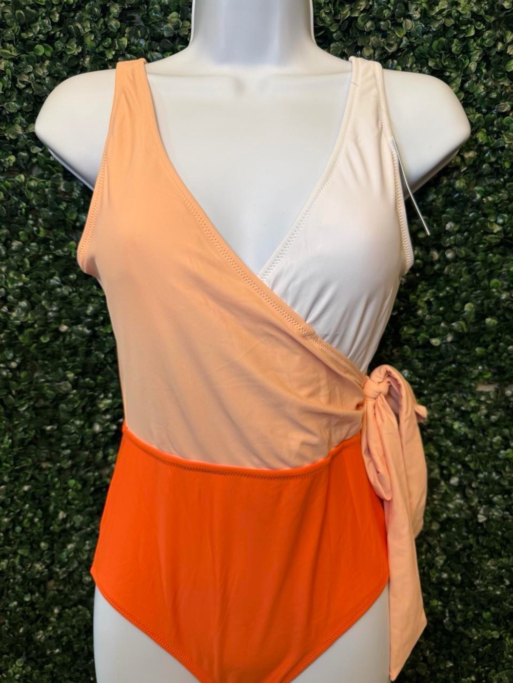 Colorblock Wrap One-Piece Swimsuit in Peach, White & Orange with Side Tie